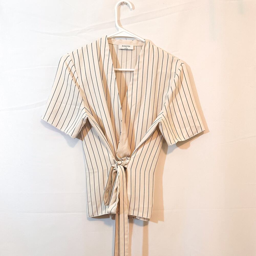 ARITZIA Babaton Kaltag Tie Front Pinstripe Striped Wrap Top… - Picture 2 of 4